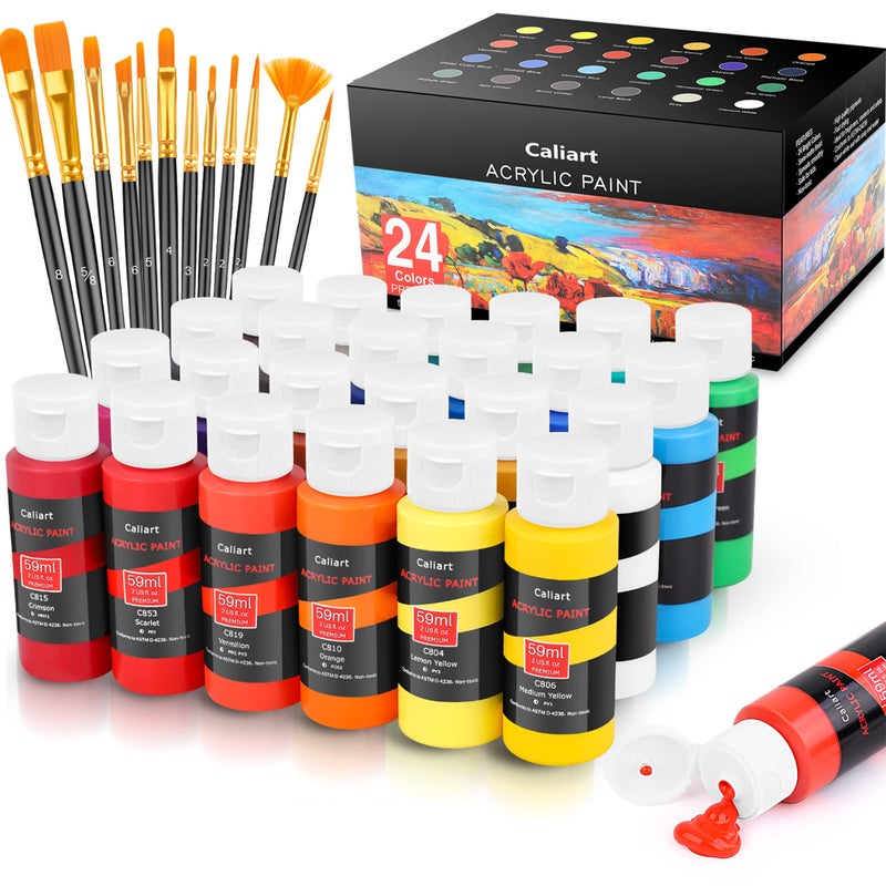 Caliart Acrylic Paint Set With 12 Brushes  24 Colors (59ml  2oz) Art Craft Paints Gifts for Artists Kids Beginners & Painters  Halloween Pumpkin Canvas Ceramic Rock Painting Kit Art Supplies - Image 1
